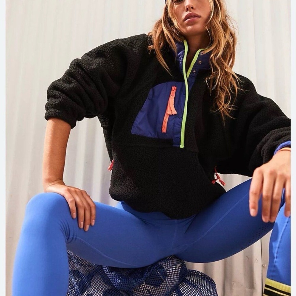 Free People New Hit The Slopes Fleece Jacket Black Sporty Combo